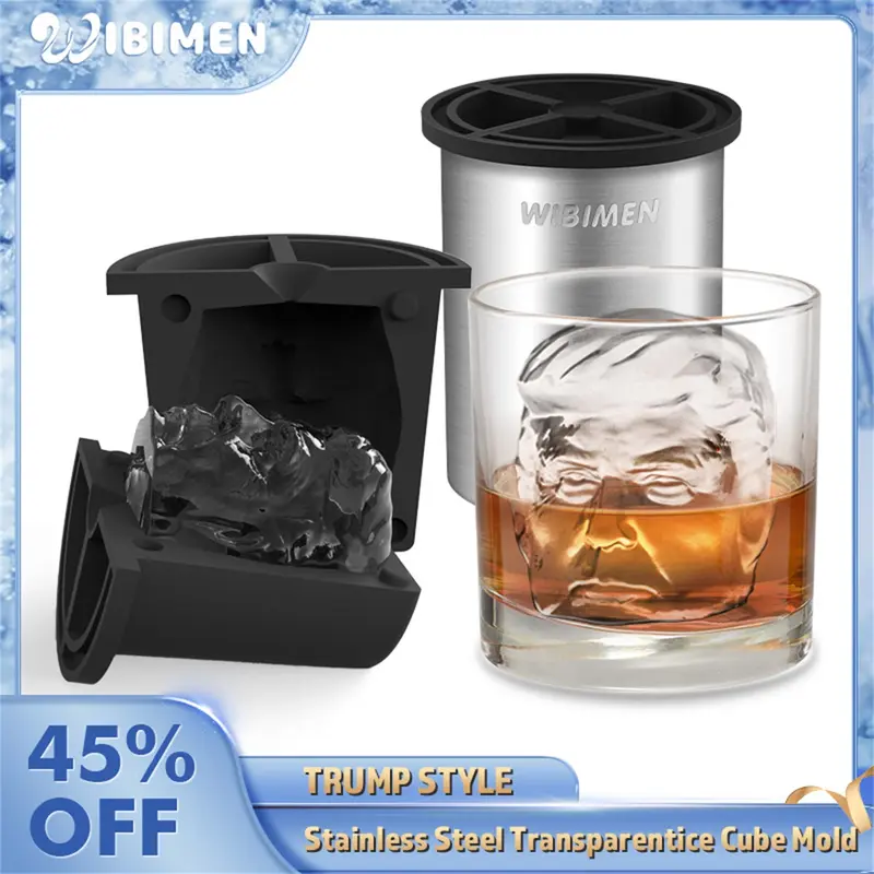 WIBIMEN Stainless Steel Ice Cube Mold - Funny Face Silicone-Rubber Kitchen Gadget, 3.3"l x 3.3"w x 4.1"h Slim Single Unit, Reusable Bar Accessory for Whiskey Enthusiasts, Vacuum Cup Compatible Ice-Making Utensil