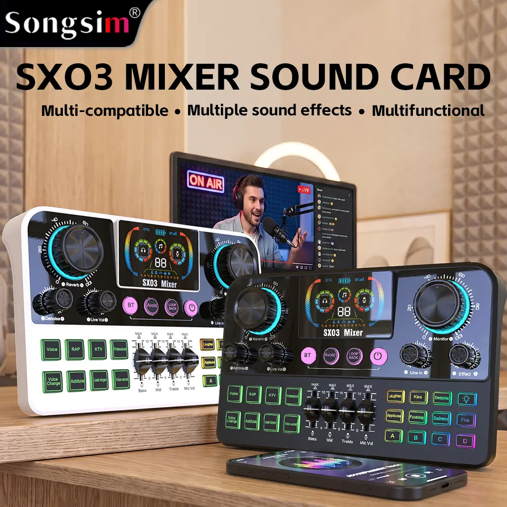 Songsim SX03 Audio Mixer & Sound Card – Professional Wireless Bluetooth Audio Interface with Multi-function Voice Changer & Effects; Features Real-time Monitoring and Plug-and-Play Functionality; Suitable for Live Streaming,  Singing, and More.