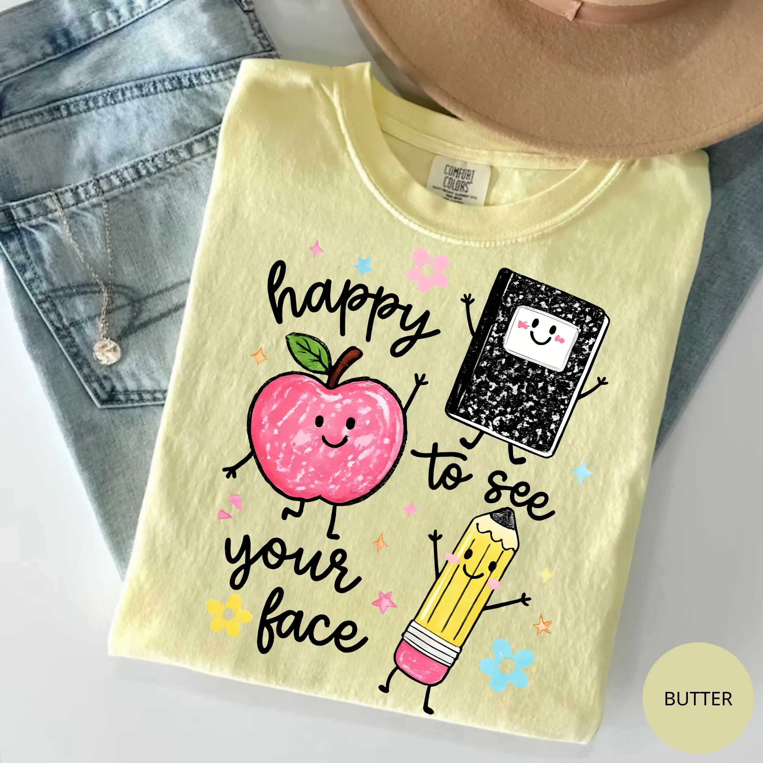 Happy To See Your Face Comfort Colors T-Shirt, Preschool Teacher Shirt, Back to School Graphic Tee, Educator Gift Gift For Her, Cotton Fabric