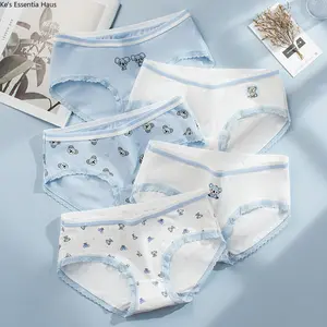 Women's 5PCS Cotton Underwear Set, Cute Koala Print, Breathable Soft Fabric, Mid-Rise Stretchy Briefs with Lace Trim, Multi-Size, Blue & White, for Daily Wear, Underwear For Women