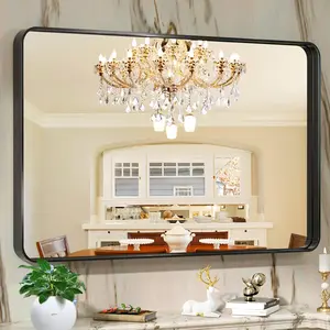 【GARVEE】Bathroom Mirror 55 x 30 inch Rectangular Black Metal Framed Mirror, Modern Round Corner Wall Mounted Vanity Mirror for Bathroom Living Room,Vertical or Horizontal