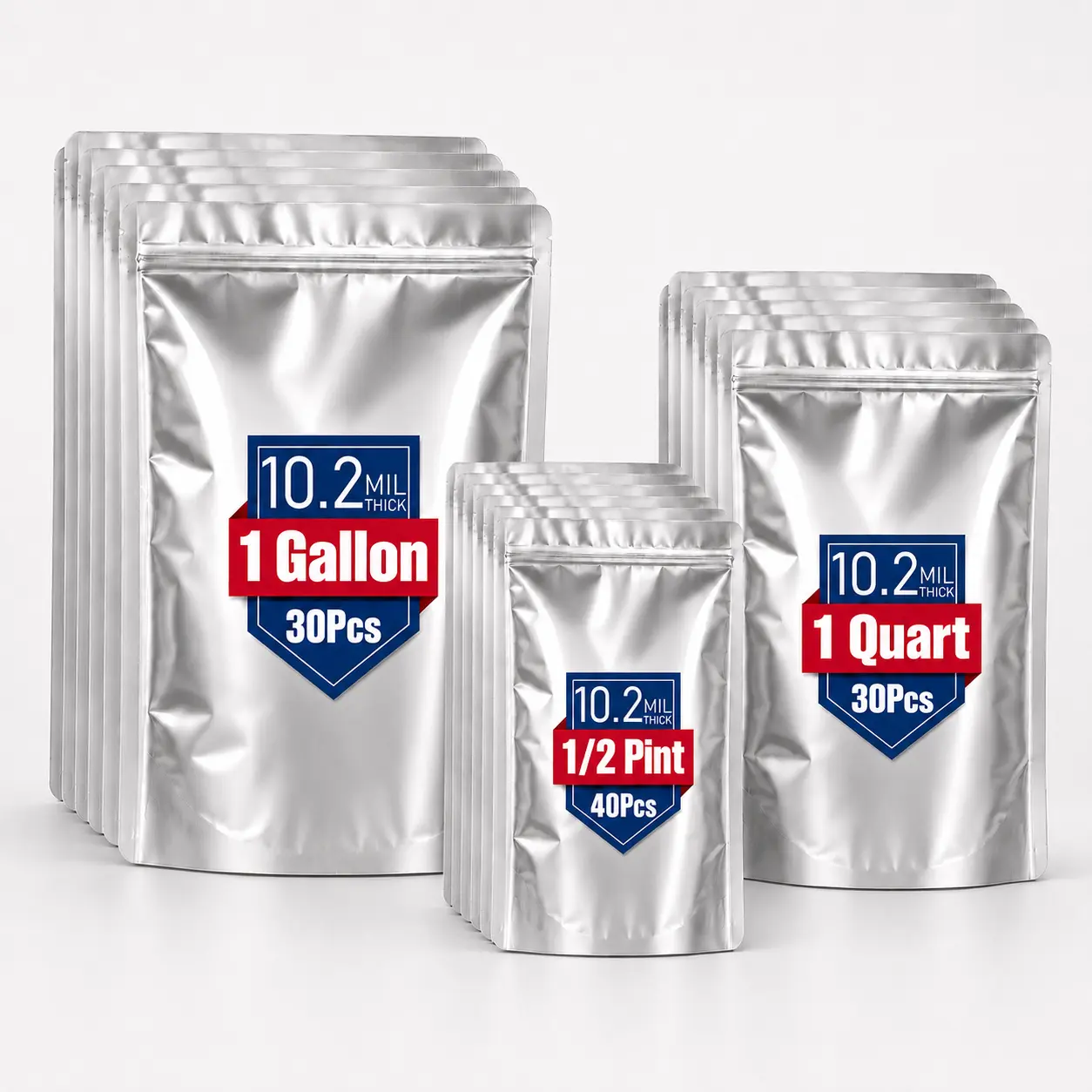 10.2 Mil Thick Mylar Bags for Food Storage, Resealable Ziplock & Heat Sealable Stand Up Pouches for Dry Food, Snacks, Coffee, Rice and Pantry Storage