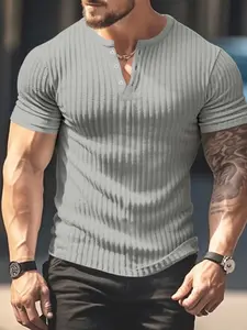 Men's Short Sleeve Ribbed Henley Shirt, Slim Fit Button Up Casual Tee, Soft Stretch Workout Top for Gym, Bodybuilding, Daily Wear & Vacation