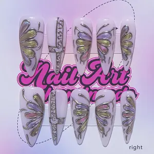 Delicatething Y2K Style Acrylic Nails Set, Glittering Fake Nails, Long Sharp Shape, Hand-Painted Butterfly Design, Includes Jelly Glue & Crystal Rods, Perfect Gift for Women, Nail Kit Set