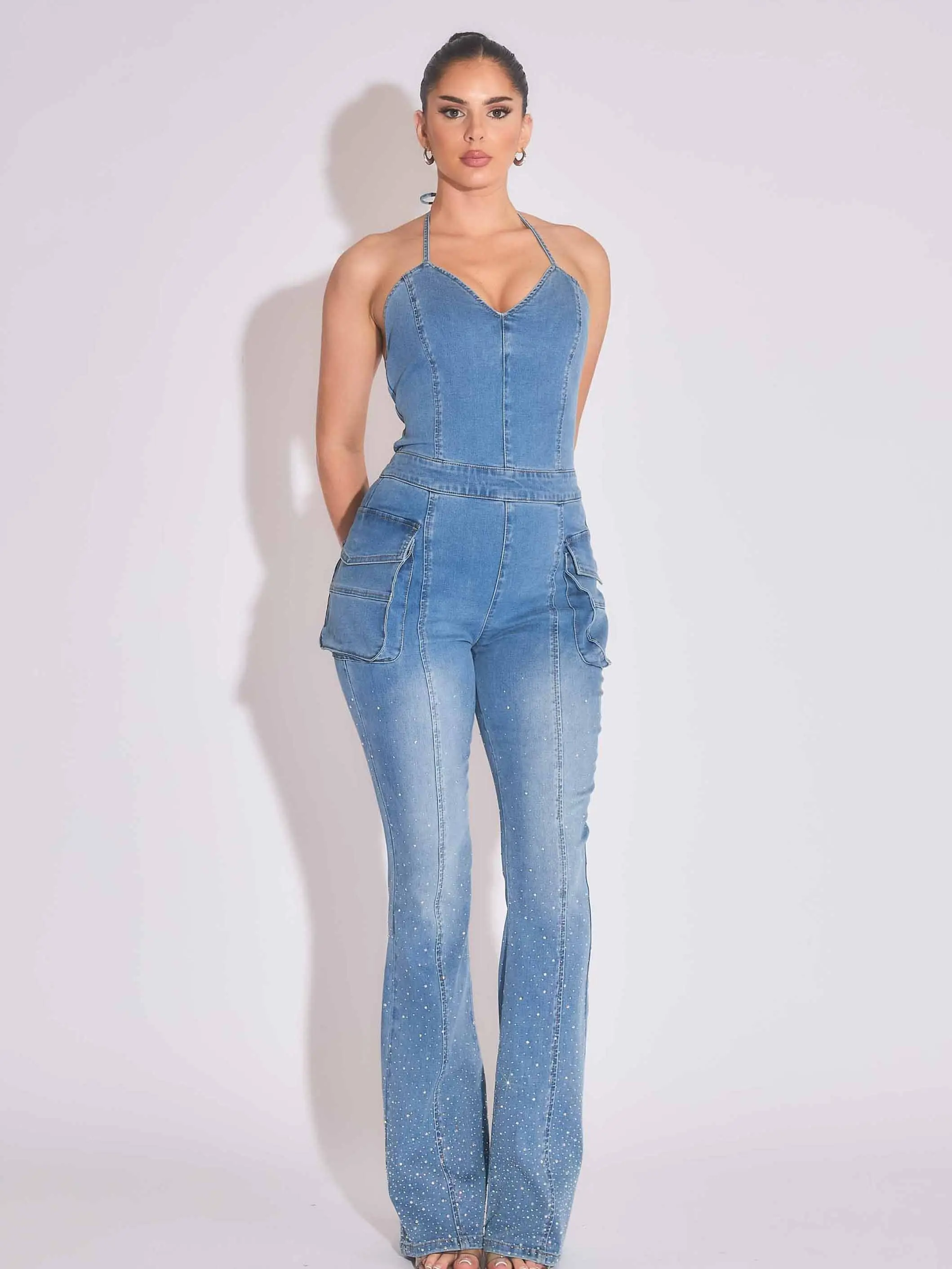 [XJS082] Jumpsuit With Iridescent Rhinestone
