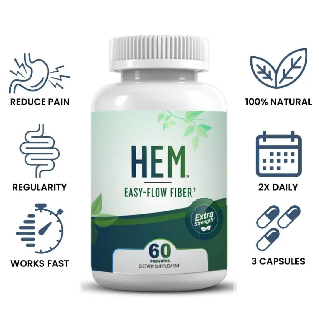 Hem Healer Easy-Flow Fiber - Smooth Digestive & Bowel Support, 60 Capsules, 2X Daily Dietary Fiber Supplement, Made in USA, All-Natural