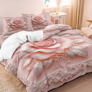 Valentine's Day Rose Print Bedding Set, 3-Piece (1 Fitted Sheet + 2 Pillowcases), 90g Polyester Fiber, Comfortable & Stylish, Decorative Bedsheet Sets