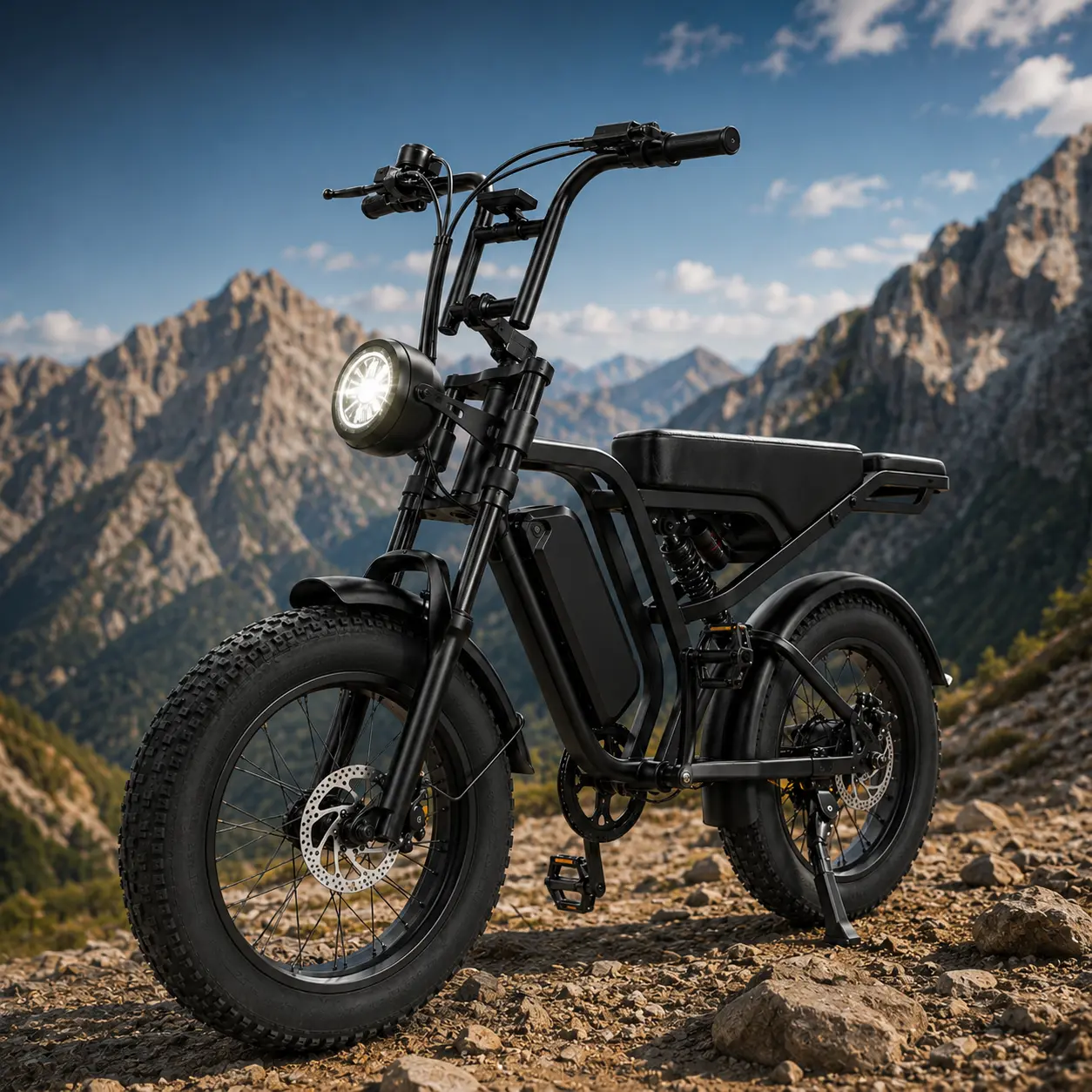 1500W adult electric bike with all-terrain fat tires and full suspension. This e-bike is equipped with an LED headlight and a removable battery. Boasting strong power,  outdoor adventures and excursions. bicicleta de bateria mph speed powerful