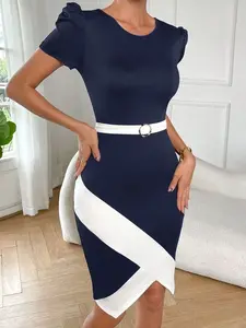 Two Tone Puff Sleeve Tulip Hem Bodycon Dress | Chic Fit | TikTok Fashionable