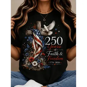 Plus Size - Women'S Patriotic Faith Graphic T-Shirt, 180 Years of Faith And Freedom Print Tee, 1776-2026 Cross Dove Floral Short Sleeve Top, Casual Summer Crew Neck Shirt