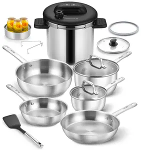 KOCH SYSTEME CS 14 Piece Stainless Steel Cookware Set with Pressure Cooker, Stainless Steel Pressure Cooker with Pots and Pans Set, 18/10 Stainless Steel Cookware Set, Induction Ready