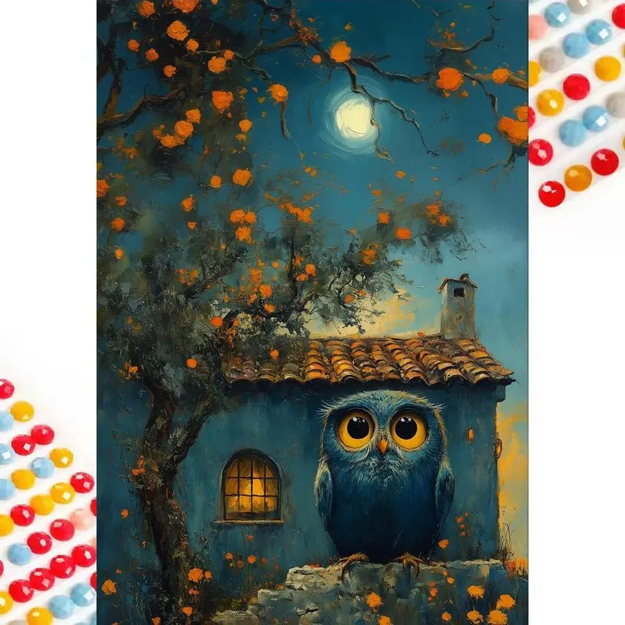 5D diamond painting kit full round drill, Night Owl DIY mosaic wall art, beginner craft set (with tools), home wall decoration gift, Handmade Gifts, diamond art kit, Handcraft, DIY Diamond Arts