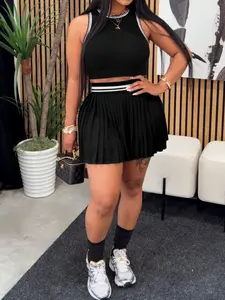 Women's Casual Sleeveless Short Crop Top & Pleated Skirt Set, Summer Fitted Striped, Moderate Fabric, Perfect for Daily Wear, Outfit