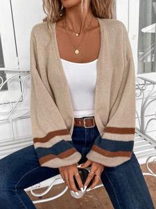 women's open front colorblock striped lantern sleeve loose fit cardigan sweater, casual fall & winter drop shoulder fashion lightweight flowy knit cardigan, women fall outfit, winter cardigan women