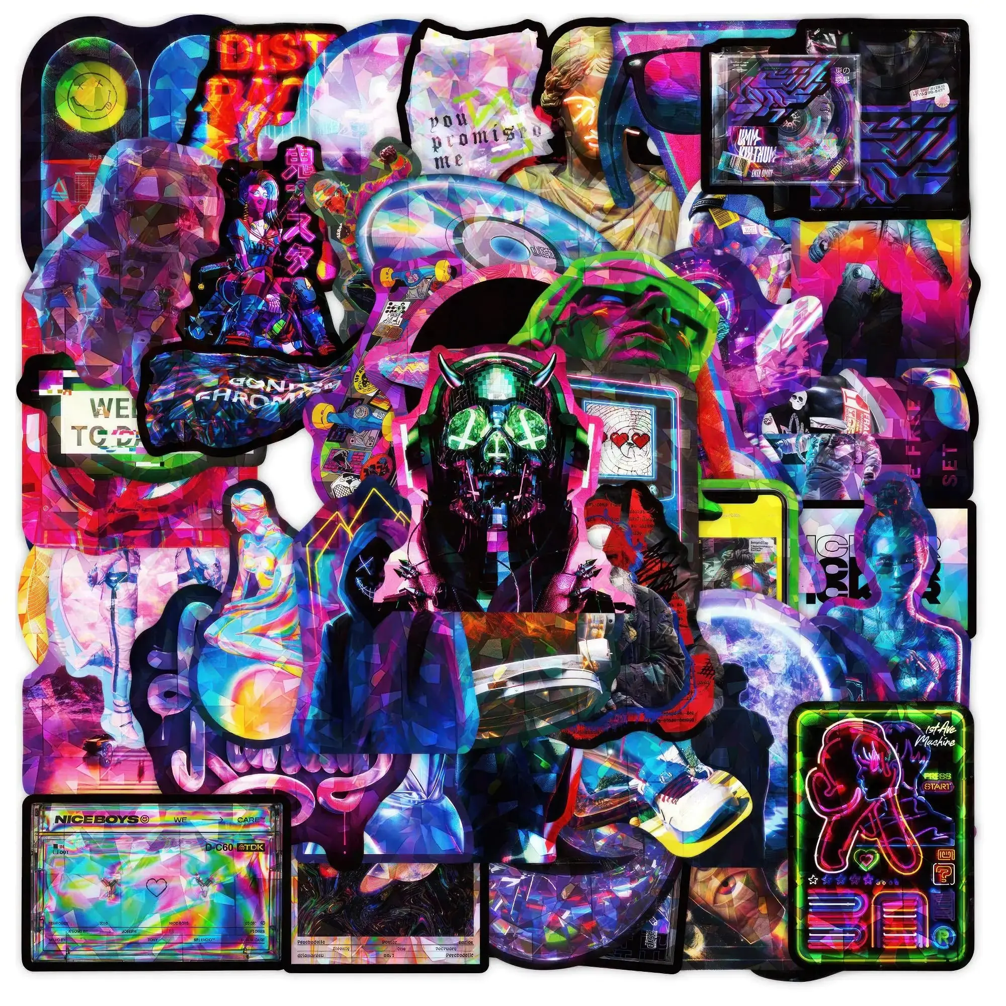 Cool Stickers 50 Pcs Holographic Stickers Skateboard Sticker Pack Neon Stickers for Adults Teens EDM Stickers Edgy Stickers Vaporwave Stickers Cyberpunk Stickers Waterproof