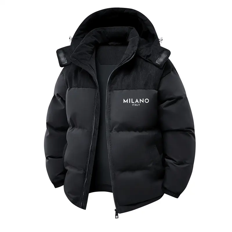 Modern Men's Cotton-Padded Coat: Mixed-Material Cut with Milano Italy Typography Graphic Print – A Sleek Warm Piece Merging Functional Design With Contemporary European Aesthetic Perfect for Daily Commutes Leisure Days or Cold-Weather Adventures