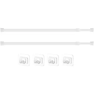 2 count Adjustable Curtain Rod Extendable Spring Tension Rod with Self Adhesive Hook for Closet, Wardrobe, Bookshelf, Small Window, White (15.7 to 27.5 Inch)