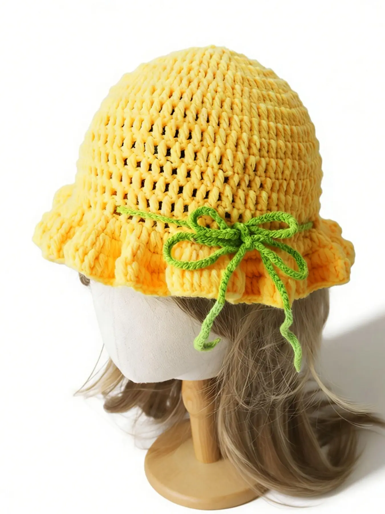 Unisex Ruffled Bucket Hat, Cute Plain Knit Cap with Bow, Stretch Fit, All-Seasons Accessory, Fisherman Hat, Versatile Floral Vase Cover