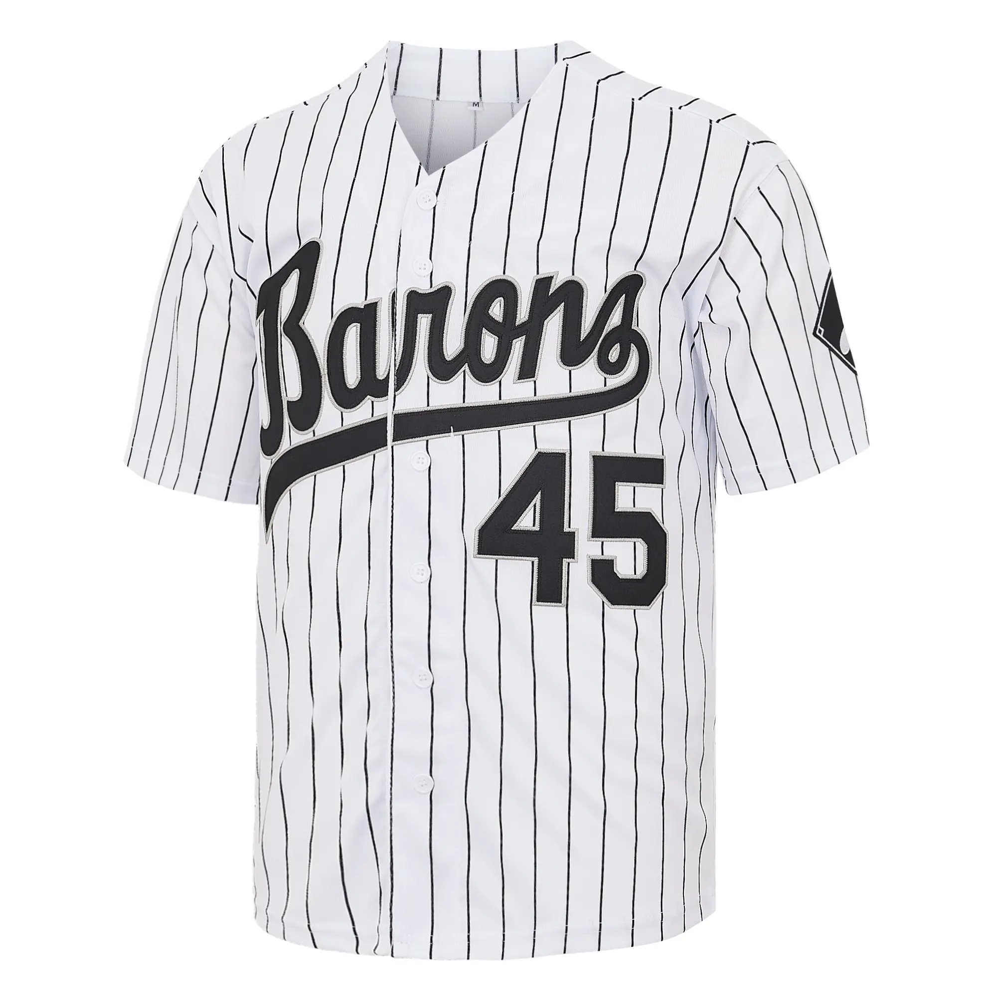 Men's Pinstripe Baseball Jersey Shirts, Embroidered #45 Barons Hip Hop Top, Lightweight Polyester Button-Up for Sporty Chic Baseball Drip, Athletic Tops, Embroidered Sportswear Top