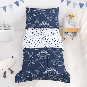 4 Pieces Dinosaur Toddler Bedding Set for Boys, Soft Breathable Toddler Comforter Set, Dino Print Navy, Includes Reversible Comforter, White Fitted Sheet and Flat Sheet, Pillowcase