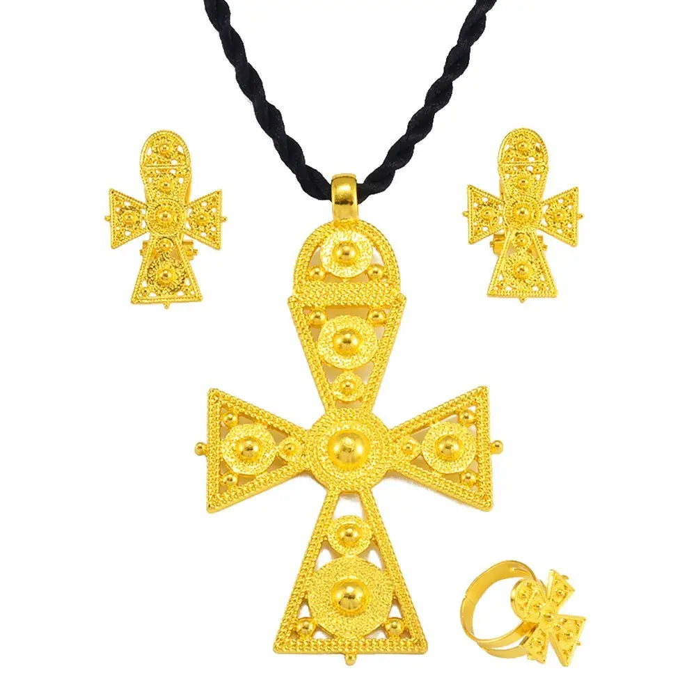 18K Gold Plated Ethiopian Coptic Cross Jewelry Set Heritage Pendant Necklace + Earrings + Ring Non-Tarnish Statement Jewelry For Women Perfect For Cultural Events & Daily Wear