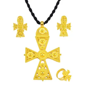 18K Gold Plated Ethiopian Coptic Cross Jewelry Set Heritage Pendant Necklace + Earrings + Ring Non-Tarnish Statement Jewelry For Women Perfect For Cultural Events & Daily Wear