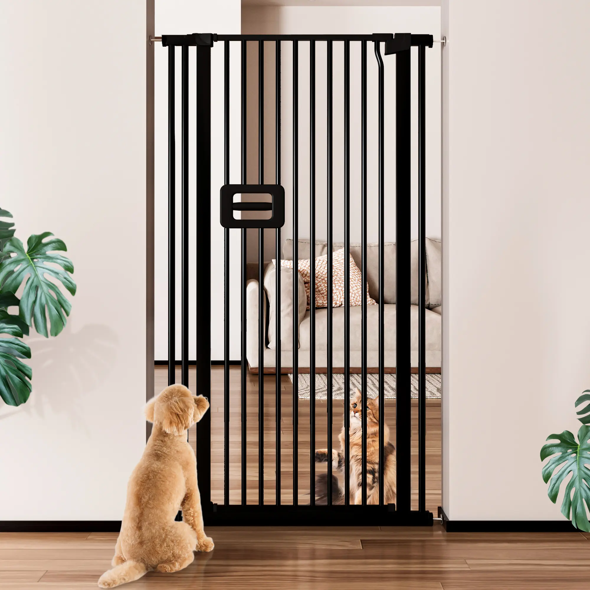 TSYPAIRS 55'' Extra Tall Cat Gate, 29.5-34.25'' Wide with 2.75'' Extension, Auto-Close Pressure-Mounted, White/Black, Childproof Sliding Gates