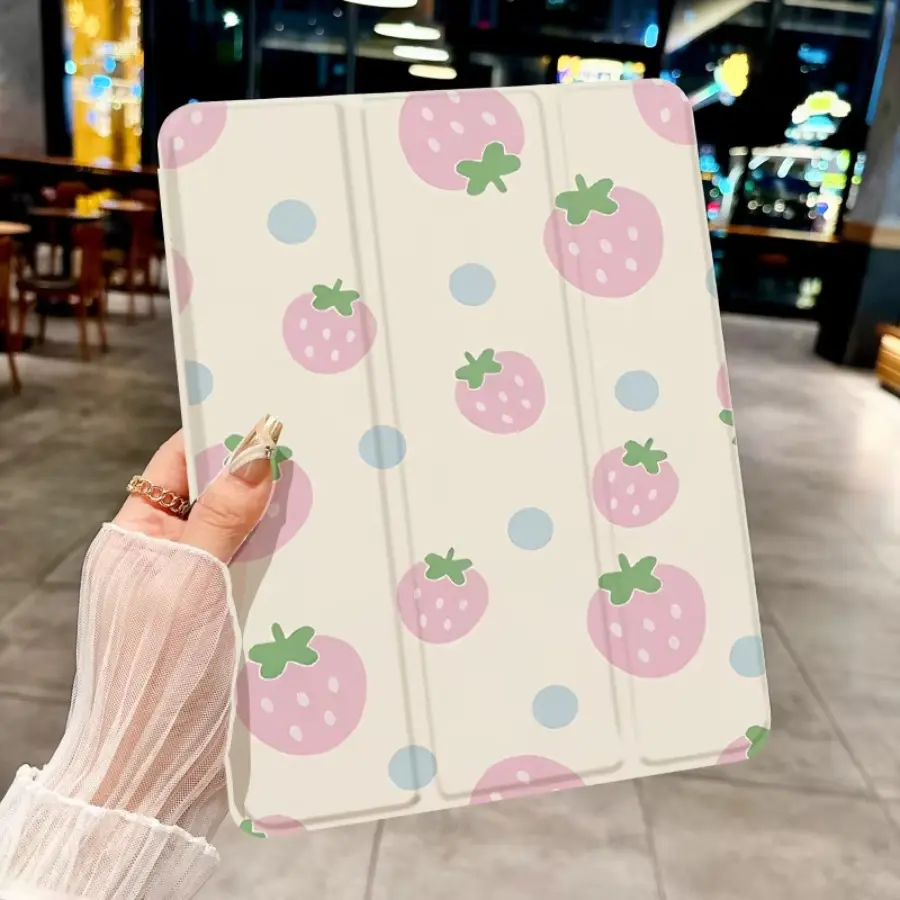 Cute Dot Strawberry Case for Samsung Galaxy Tab S6 Lite 10.4 Inch A7 LITE A8 A9 A9 + S7 S8 S9 + S8 + S9 + FE S9FE + 12.4 S10 with Pencil Holder Trifold Stand Protective CoverAuto Sleep Wake
