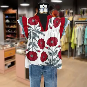 Cherrybetty Elegant Floral Print Layered Sleeve Shirts Womenswear Blouse Casual Feminine Fit Flower Leaf women's summer outfits going tops fashion outfits 90s graphic tees cute summer outfit Ruffle Ruffled boho Light flowy tops for Teachers and Moms Outdo