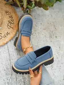 Women's Soft Style Thick Sole Loafers, Vintage Penny Design Square Toe Platform Shoes, Casual PU Leather Dress Shoes for All Seasons