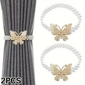 Adjustable Curtain Tiebacks Set, Home Decoration Curtain Accessories, Elegant Pearl Design, Elastic Rope Clips for Home Office Living Room Decor, 2 Pieces