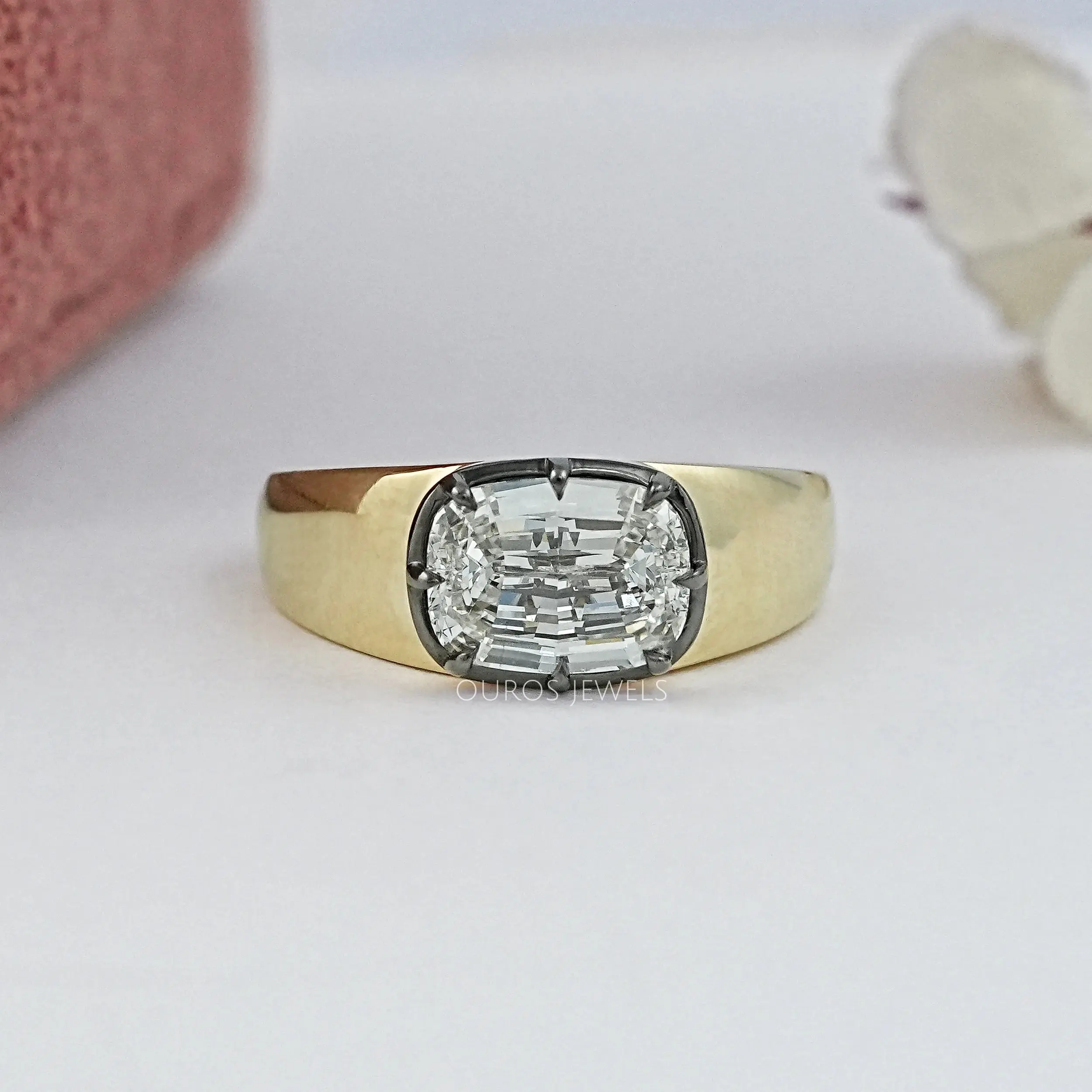 East West Step Cut Cushion Lab Diamond Solitaire Ring