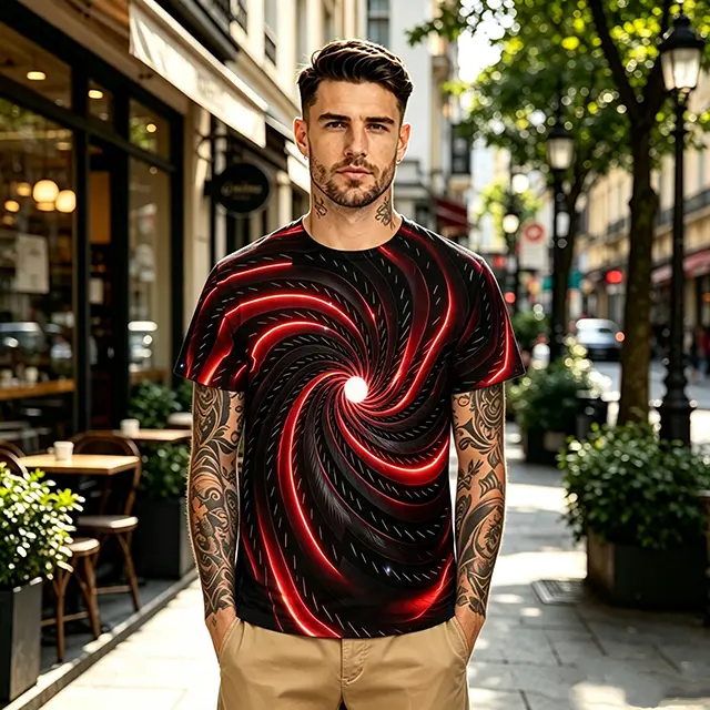 Halloween Red Glow Black Hole Spiral Print Tshirt, Dark Cyber Horror Trippy Visual Short Sleeve Tee, Cool Stylish Outfit For Halloween Party sohochic