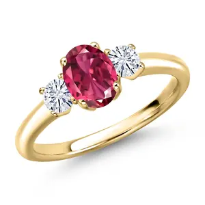 Gem Stone King 10K Yellow Gold Pink Tourmaline and White Moissanite Engagement Ring For Women | 1.17 Cttw | Oval 7X5MM | Gemstone October Birthstone