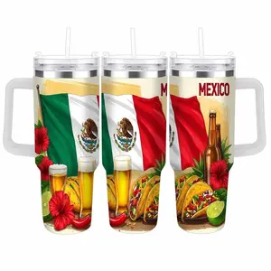 Mexican Fiesta Car Cup 40oz Colorful Flag Taco Beer and Hibiscus Print Vibrant Design Insulated Stainless Steel Spill Proof Travel Mug Ideal for Road Trips Parties Picnics Holiday Gifts Home Use