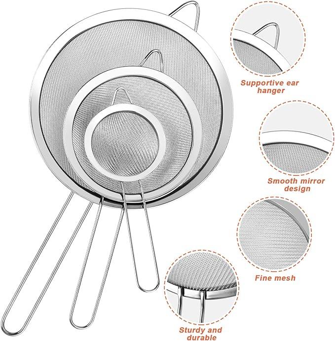 3Pcs Super Wire Extra Fine Mesh Strainer with Handle, Small Medium Large Size Sifter Metal Strainer