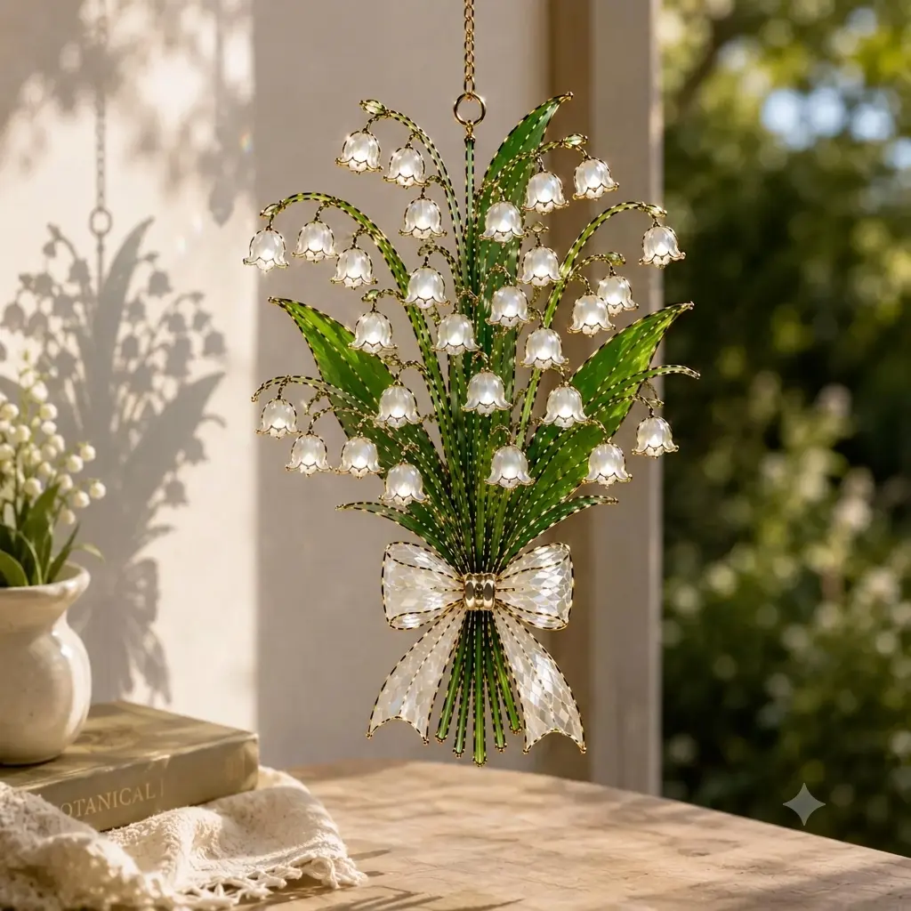 Romantic Cottagecore Lily of the Valley Suncatcher Personalized Couple Gift Stained Glass Acrylic Window Hanging Wedding Keepsake Bridal Shower Anniversary Decor