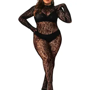 Plus Size Fishnet Bodysuit For Curvy Women Full Leopard Body Stockings Rave Outfit Sexy Lace Jumpsuit Festival Club Comfortable Sheer Material Valentine's Day Gift