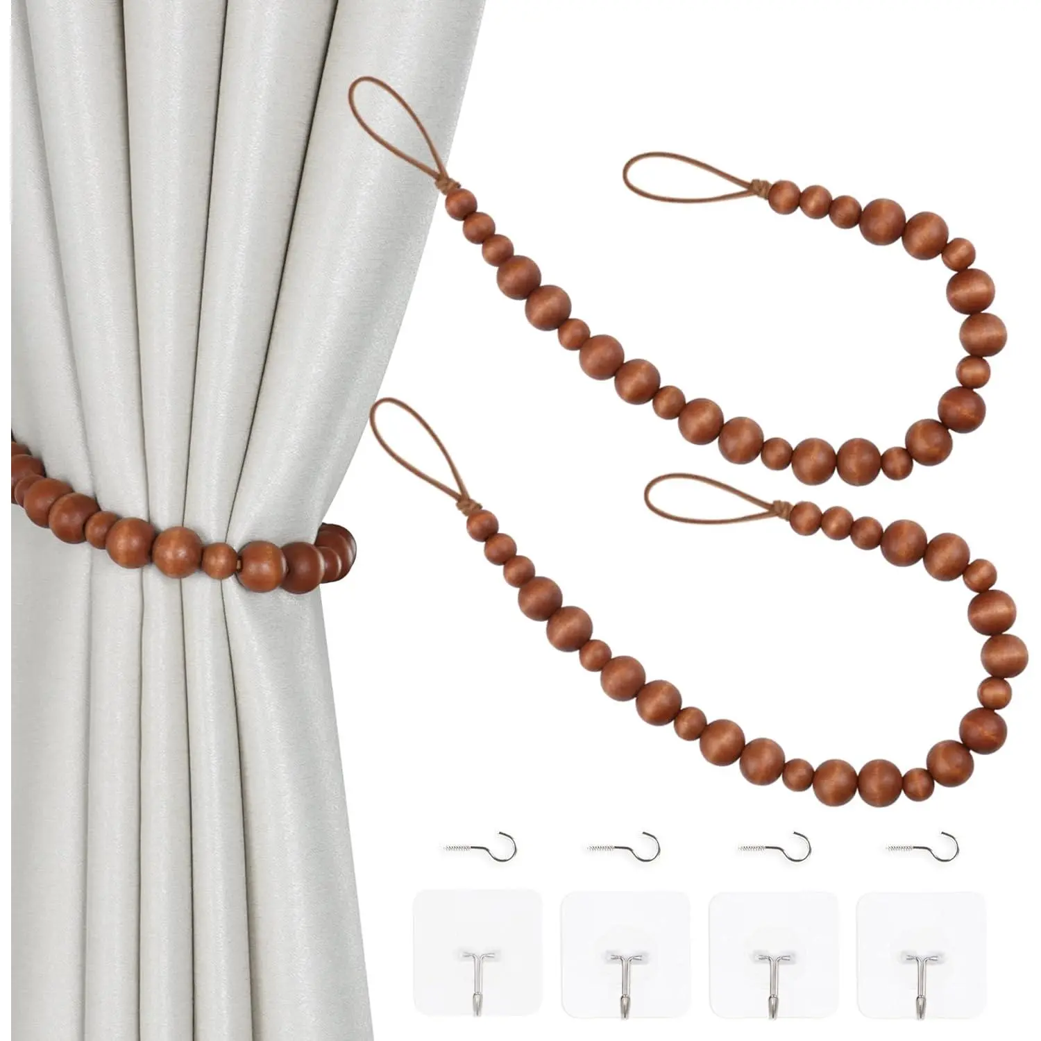 2 count Curtain Tieback  Bead Curtain Tiebacks Curtain Holdbacks for Wall Curtain Ties Window  Curtain Tie Backs with Hooks Curtain Pull Backs (Coffee,2)