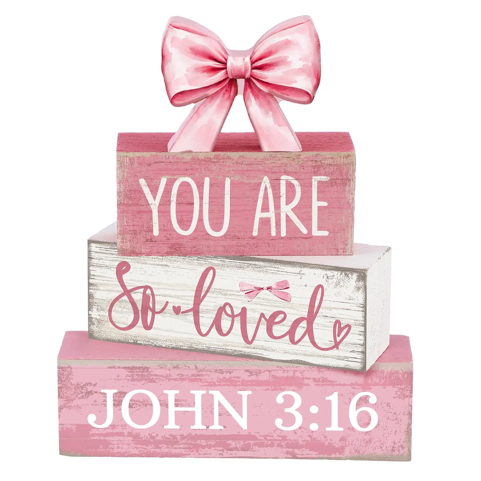 Coquette Bow 4-Piece Pink Wooden Blocks Sign Set, Christian Inspirational Theme Decor with John 3:16 "You Are So Loved", Party Decorations for Home Office Shelf Table Centerpiece, Bible Quote Sign
