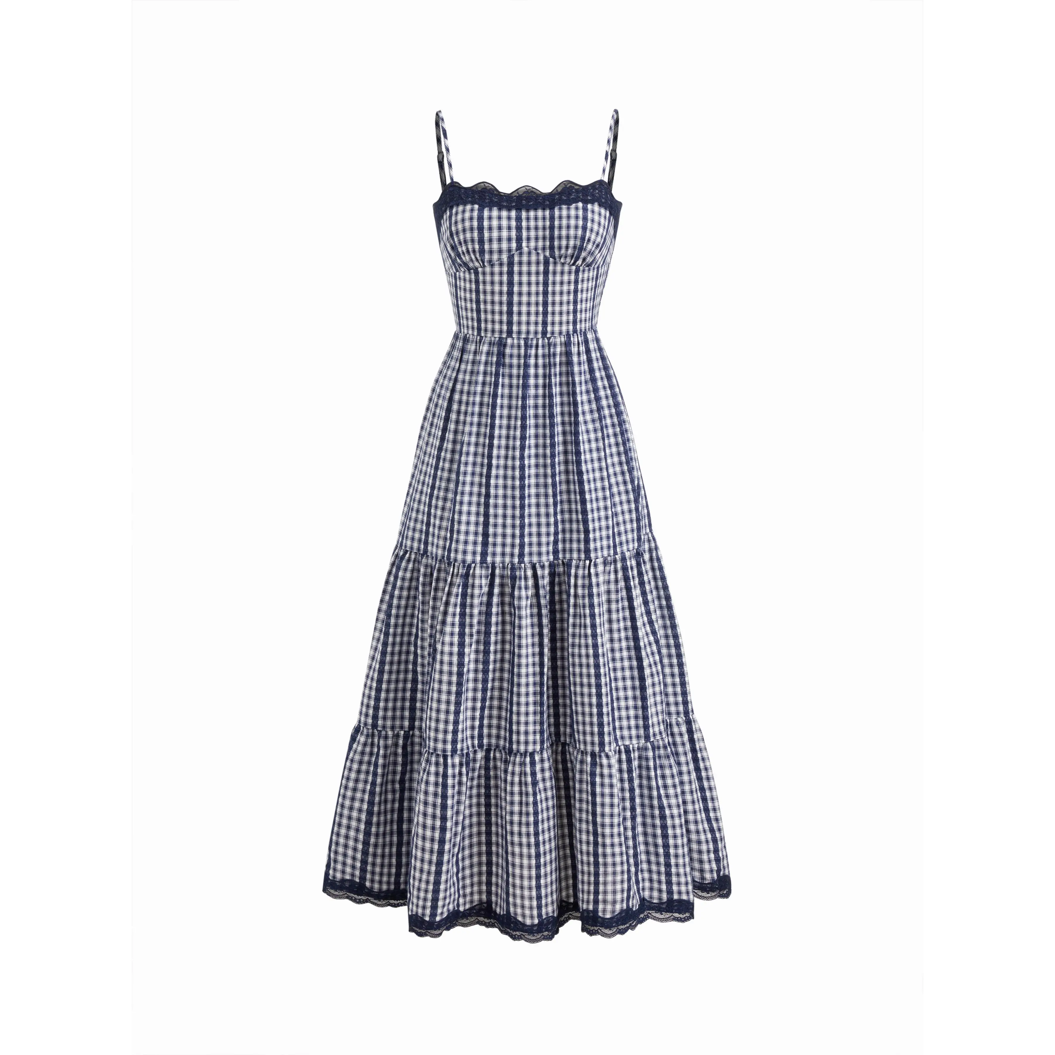 Cider Cotton-blend Gingham Lace Trim Tiered Shirred Maxi Dress SwimWeek -  TikTok Shop