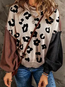 Coffee Leopard Print Colorblock Pullover Sweater