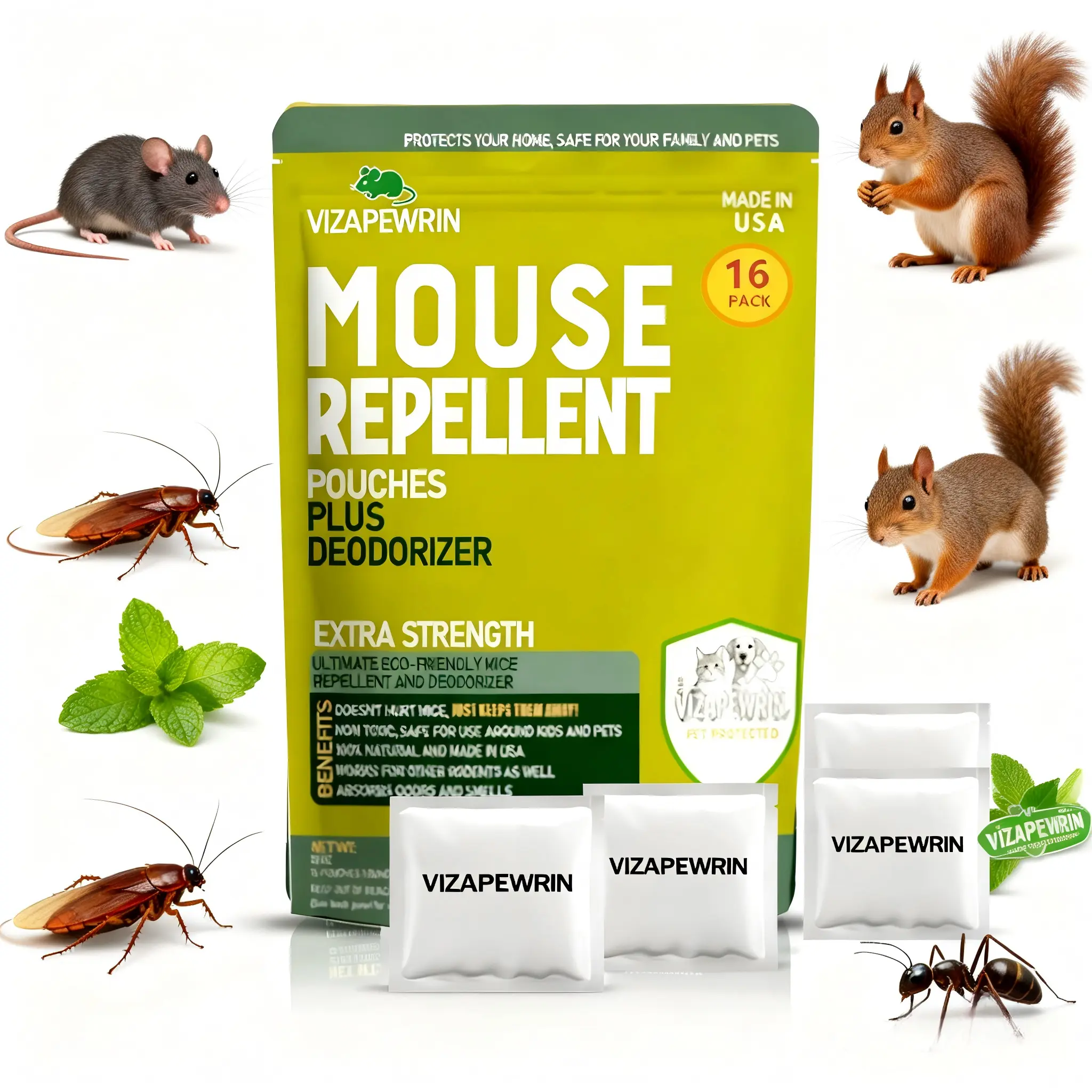 Mouse Repellent Pouches - Rodent Repellent Made in USA (16 Pouches) - Mouse Deterrents with Peppermint Oil,30 Days Effective Mouse Deterrent Indoor/Outdoor/Home Kitchen Engine Protection rodent repellent