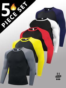 5 Pack Men's Long Sleeve Shirts Moisture WickingSweatproof Sunscreen Men's Quick Dry Breathable ColorBlock slim Long Sleeve T Shirt, Comfortable High StretchBase Layer Men's Outdoor Jogging, Fitness Training ActivityTopS Athletic Running Tee