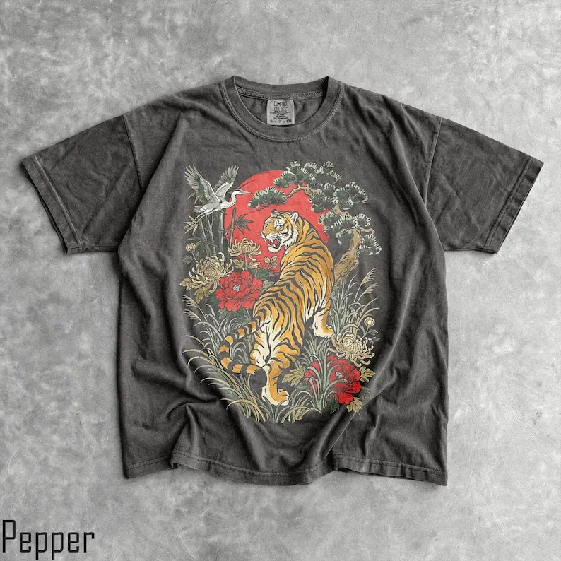 Comfort Colors Retro Tiger T-Shirt, Vintage Boho Graphic Tee, Linocut Style Wildcat Shirt, Unisex Cottagecore Nature Top, Artistic Animal Lover Gift