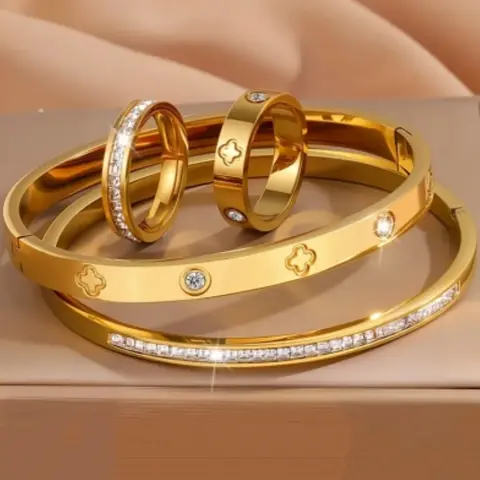 Elegant Stainless Steel Bracelet Ring Set, 4-Piece Luxury Daily Wear Jewelry, Perfect Gift for Work Commute or Friends Gathering