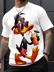 Summer Men's Athletic Digital Print T-Shirt, Casual Cartoon Duck Print Short Sleeve, Sporty Slim-Fit, Ideal for Daily Streetwear