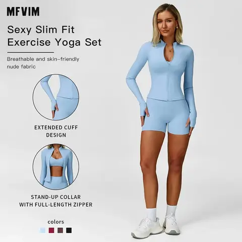 Women's Solid Crop Jacket & Backless Bra & High Waist Shorts Tracksuit Set by MFVIM - Casual Sporty Breathable Comfortable Activewear for Yoga, Gym, Workouts, Running, Ladies' Sports Apparel for All Seasons,travel essentials,camping essentials