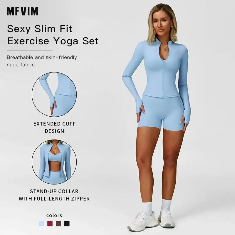 Women's Solid Crop Jacket & Backless Bra & High Waist Shorts Tracksuit Set by MFVIM - Casual Sporty Breathable Comfortable Activewear for Yoga, Gym, Workouts, Running, Ladies' Sports Apparel for All Seasons,travel essentials,camping essentials