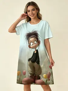 Korean Soft Cute Women's Short Sleeve Nightgown, Spring & Summer Wearable, Light Blue Cartoon Girl Tulip Print, Soft Aesthetic Loungewear